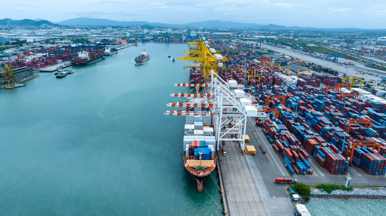 A large cargo ship at port